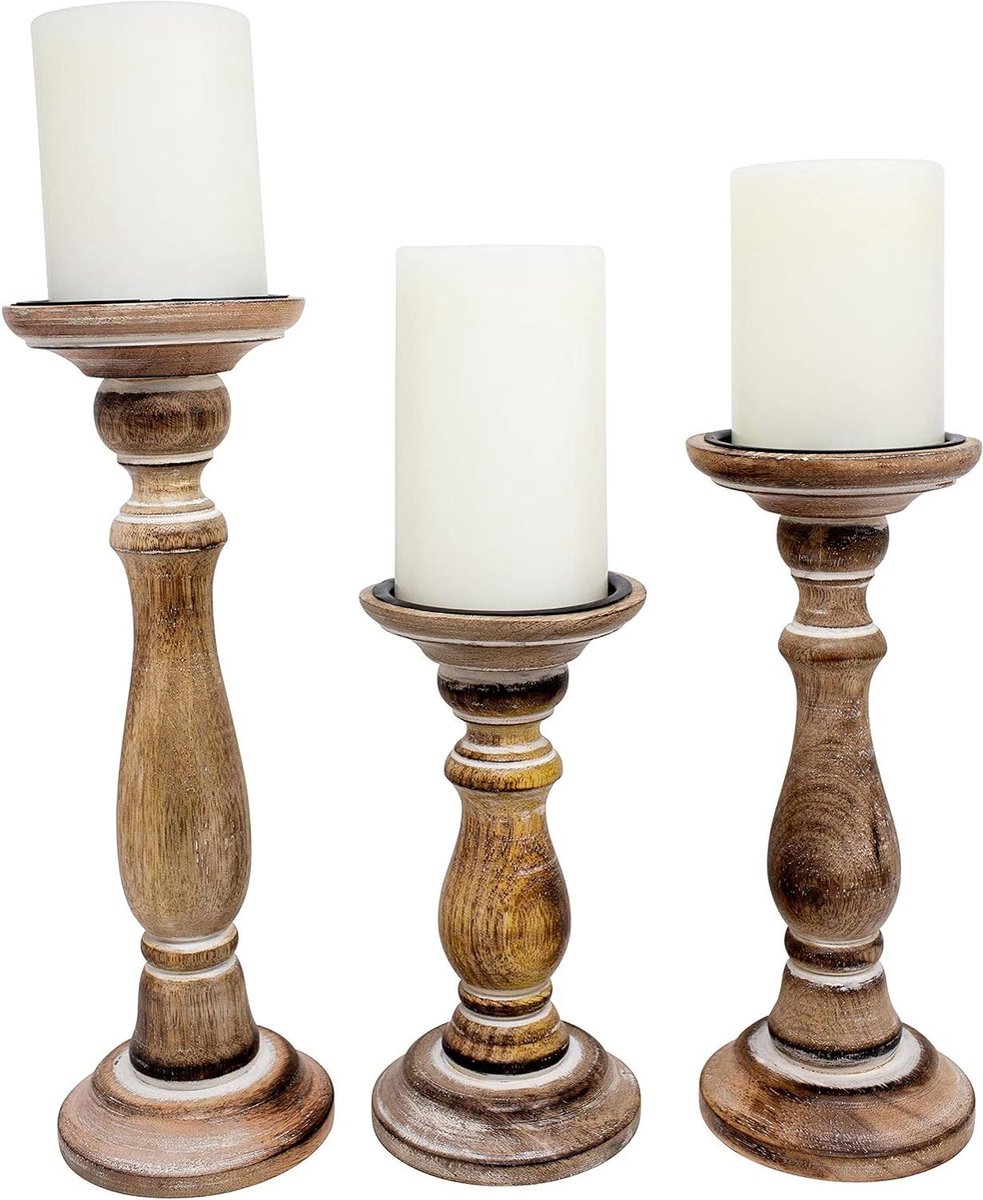 Houten Kaarsenhouders - Pillar Kaarsenstandaards - Sfeerverlichting Creëren - Set van 3 - 8 10 12 inch - Naturel Whitewash