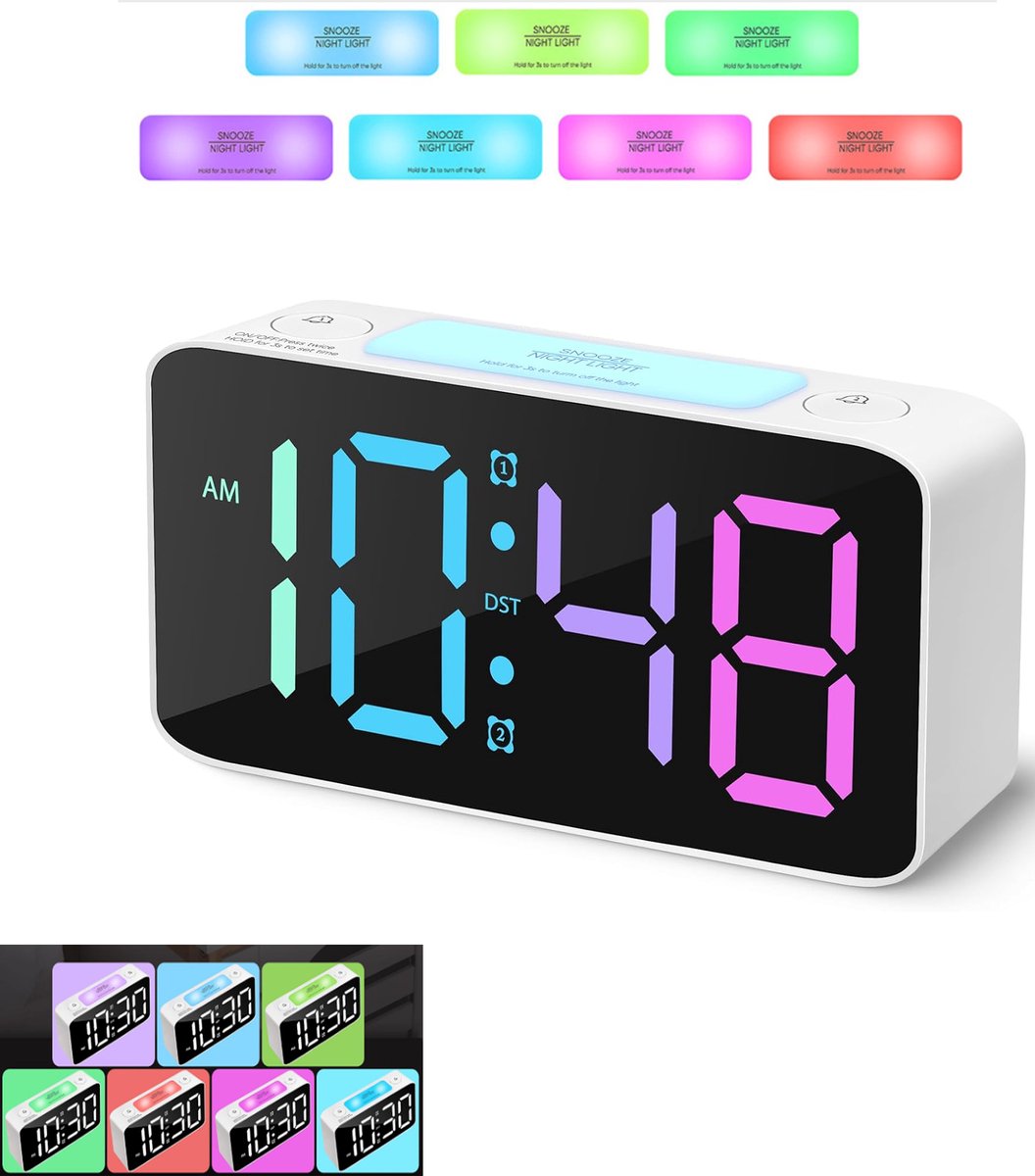 KZQ Digitale wekker met RGB-nachtlampje - Groot scherm en USB-voeding - Voor nachtkastje en bureau - Wit
