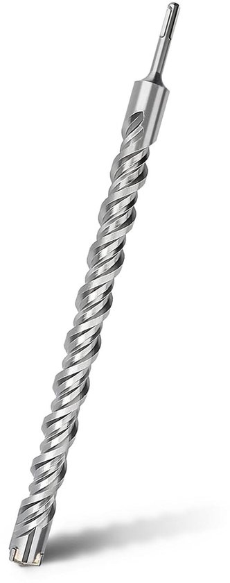 Een metalen SDS Plus betonboor met een dubbele spiraal.