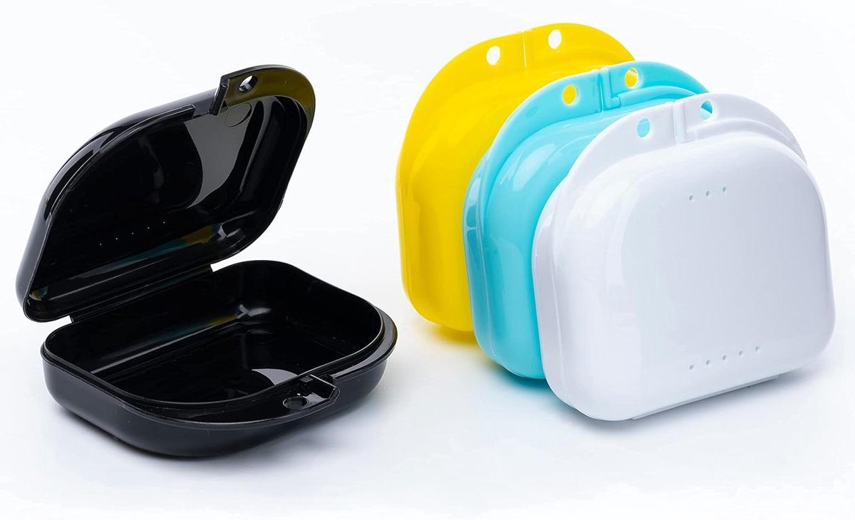 Retainer Case - Kunstgebit Hoesje - Mondbescherming Opbergen - Met Ventilatiegaten - 4 Stuks - Zwart Wit Geel Blauw