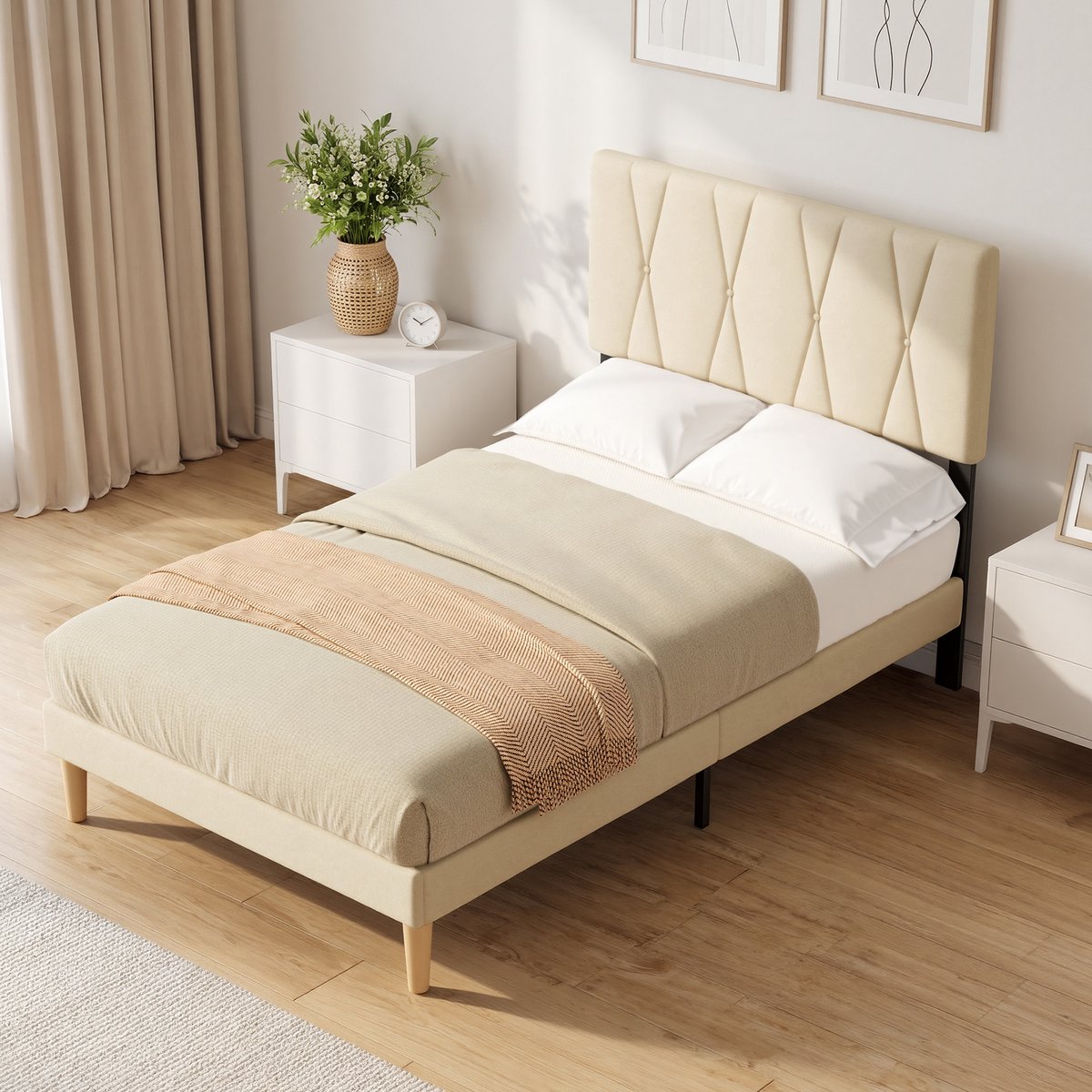 Xbro Gestoffeerd Bed 120 x 200 cm met Hoofdbord en Lattenbodem, Tweepersoonsbed met 20 cm Opbergruimte, Eenvoudige Montage,Donkergrijs