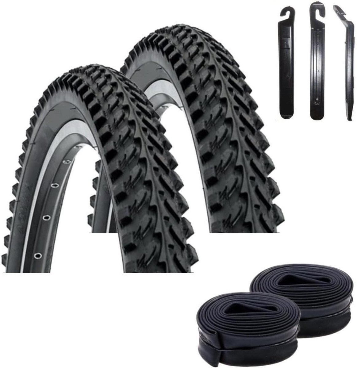 Fietsbanden Set - Banden en Slangen - Mountainbiken - Inclusief Bandenlichters - 26 x 2.10 - Zwart