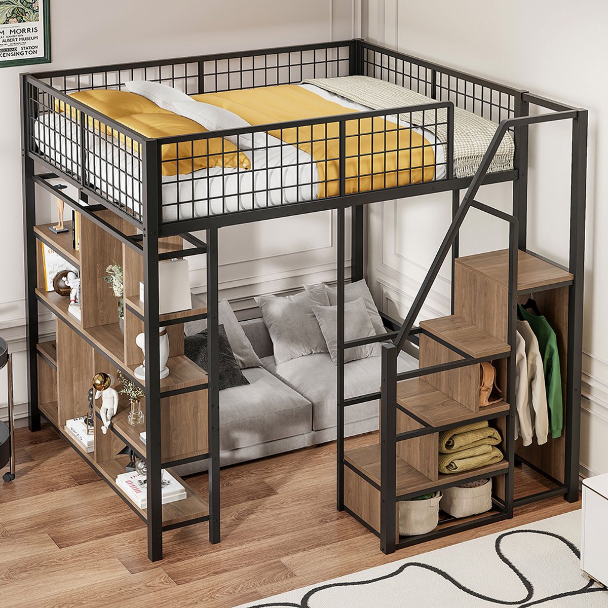 YEHTOKHOME Hoogslaper 140 x 200 cm - Tweepersoonsbed met opbergruimte - planken en ladder - Metaal & MDF - Zwart - Zonder matras