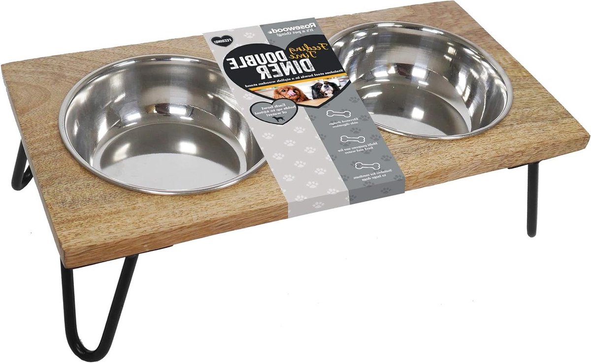 Honden voerbak - Verhoogde standaard - Comfortabel eten - Dubbele eetbak - 40.5 x 20 x 12 cm - Houtkleur
