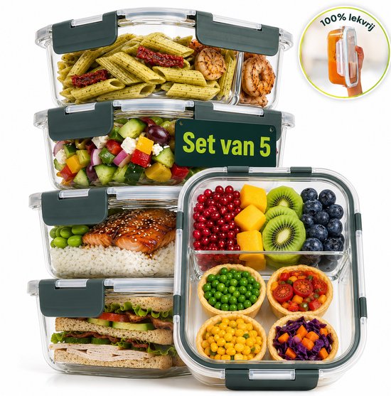 Uandu Boîtes de conservation en verre avec compartiments – Boîtes repas – Hermétiques et sans BPA – Boîtes micro-ondes avec couvercle et ensemble de boîtes de congélation - 1 litre - 5 pièces - Verre