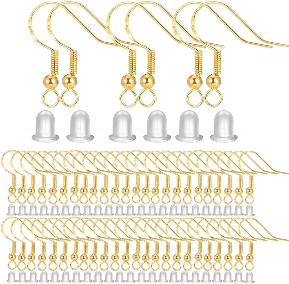 Oorbelhaken, hypoallergeen, 100 transparante doppen voor doe-het-zelf oorbellen, sieraden maken, accessoires voor oorbellen (goud)