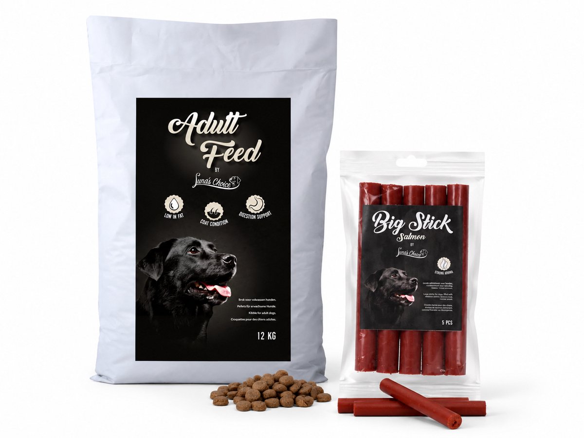 Luna's Choice Luna's Choice Adult Feed 12 kg met extra Luna's Choice Big Stick 5 stuks Zalm