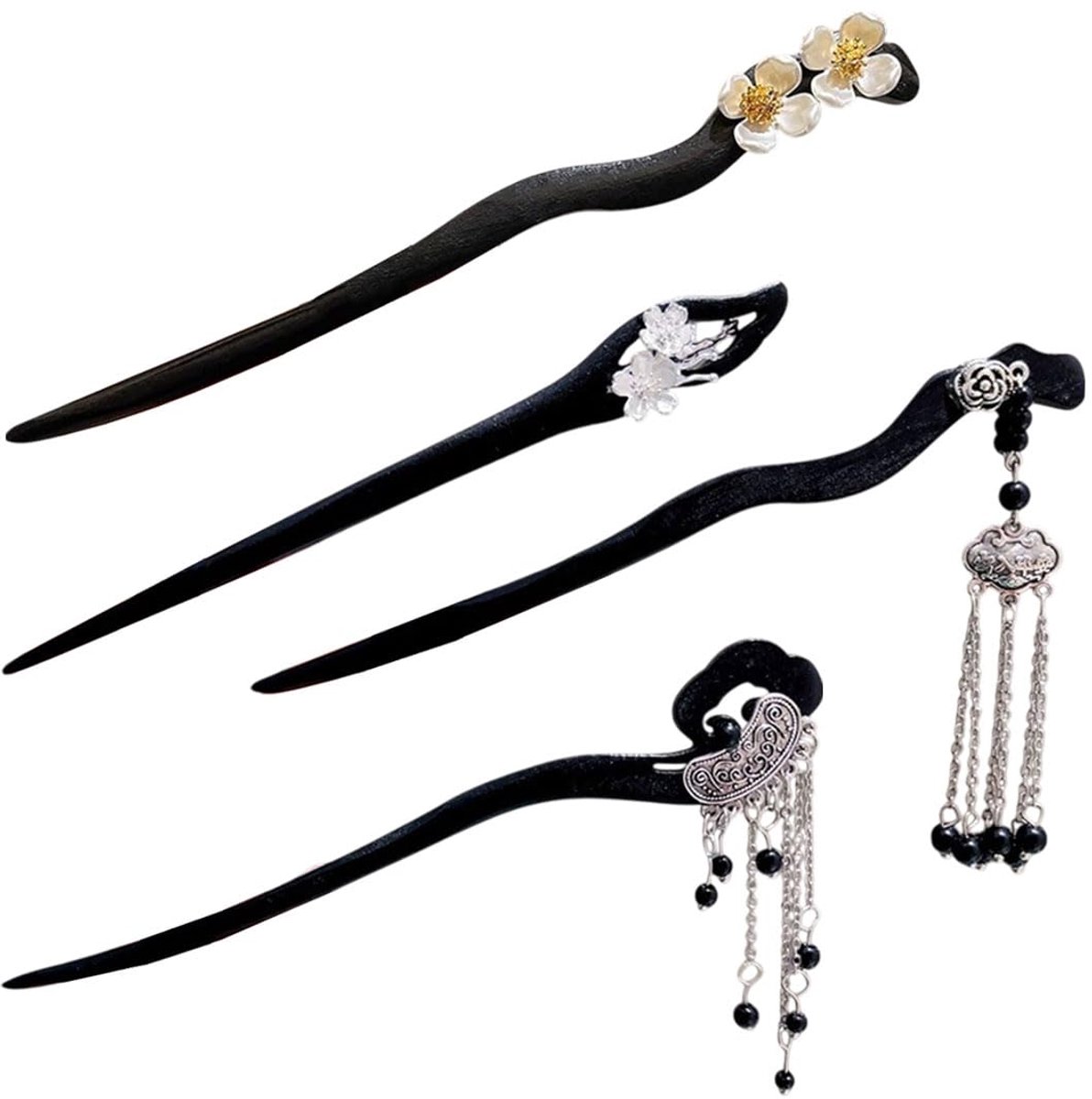4 stuks handgemaakte houten haarspelden, Chinese Japanse vintage bloemenhaarsticks, klassieke haareetstokjes met kwast, haarspeld-accessoires voor vrouwen en meisjes