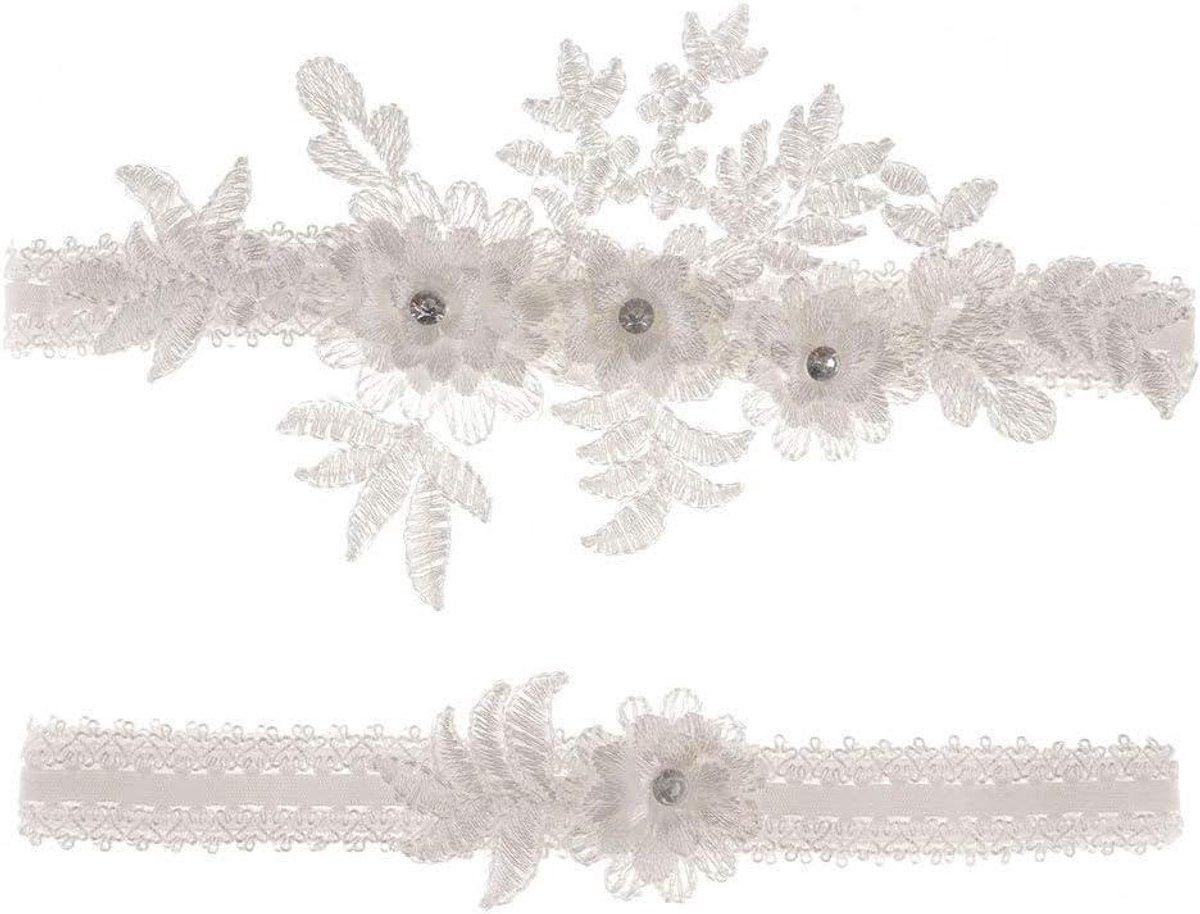 Bruids Kousenband - Bruiloft Accessoire - Bruids Ritueel - Zacht Kant met Steentjes - Eén Maat - Wit