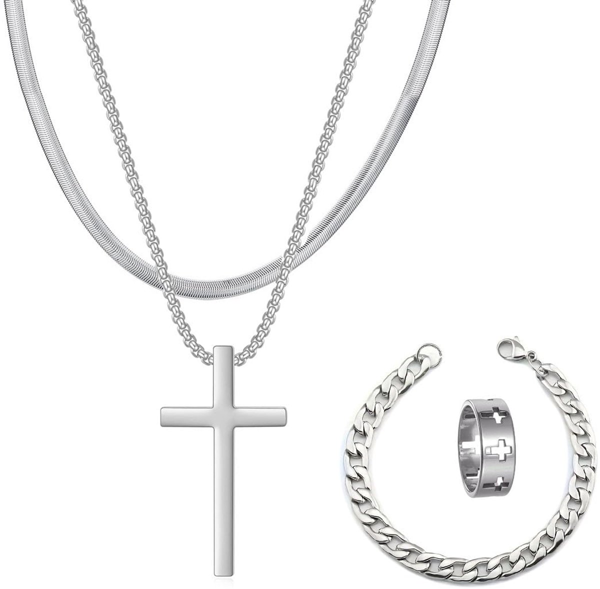 kruisketting voor heren, ketting voor heren, kruisketting, slangenketting, armband, kruisring, van titaniumstaallegering (zilver)