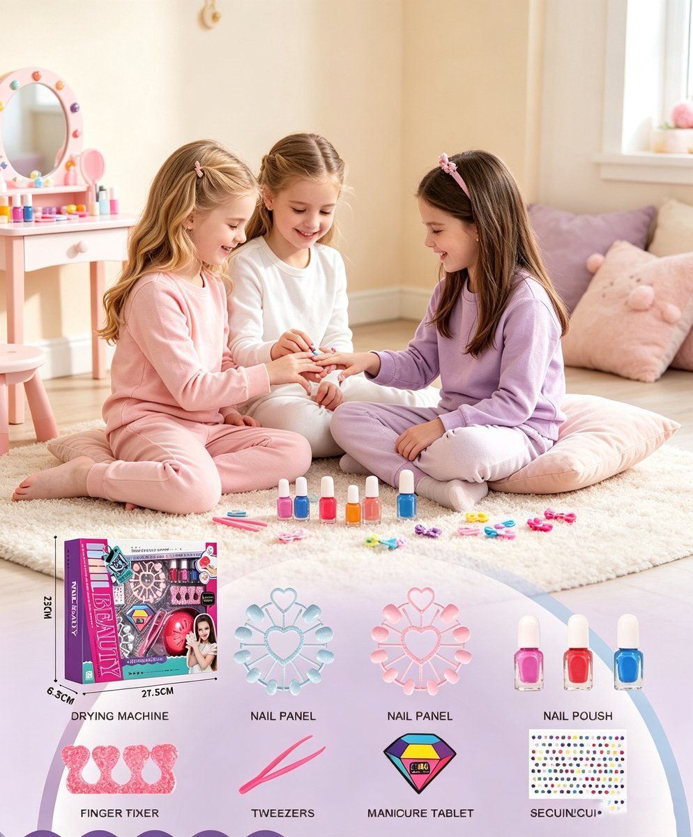 Nagelart speelset voor kinderen,geschikt voor meisjes van 7 tot 12 jaar,deze nagelsalonset bevat een nageldroger, sneldrogende nagellak en meer. De roze nageldroger is perfect voor manicures en is een ideaal verjaardags- of kerstcadeau.