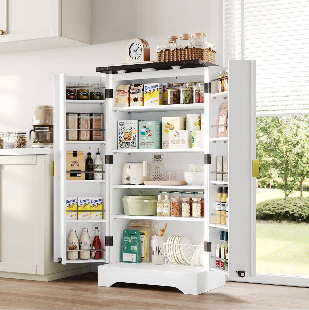 HAUSS SPOLE Keukenkast - Hoge Opbergkast Met Sensorlicht En Verstelbare Planken - Voor Keuken En Eetkamer - MDF Wit - 120x60,5x40 Cm