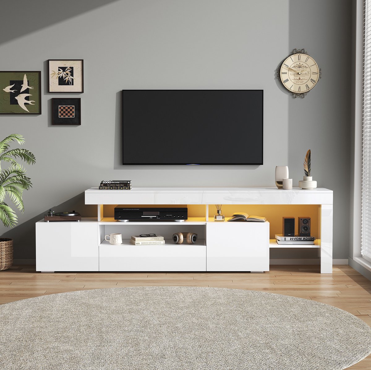 HAUSS SPOLE Halmeubel - Tv Meubel Met Led Verlichting En Hoogglans Front - 3 Kleppen En Open Vakken - Spaanplaat - 192x37x53 Cm - Wit