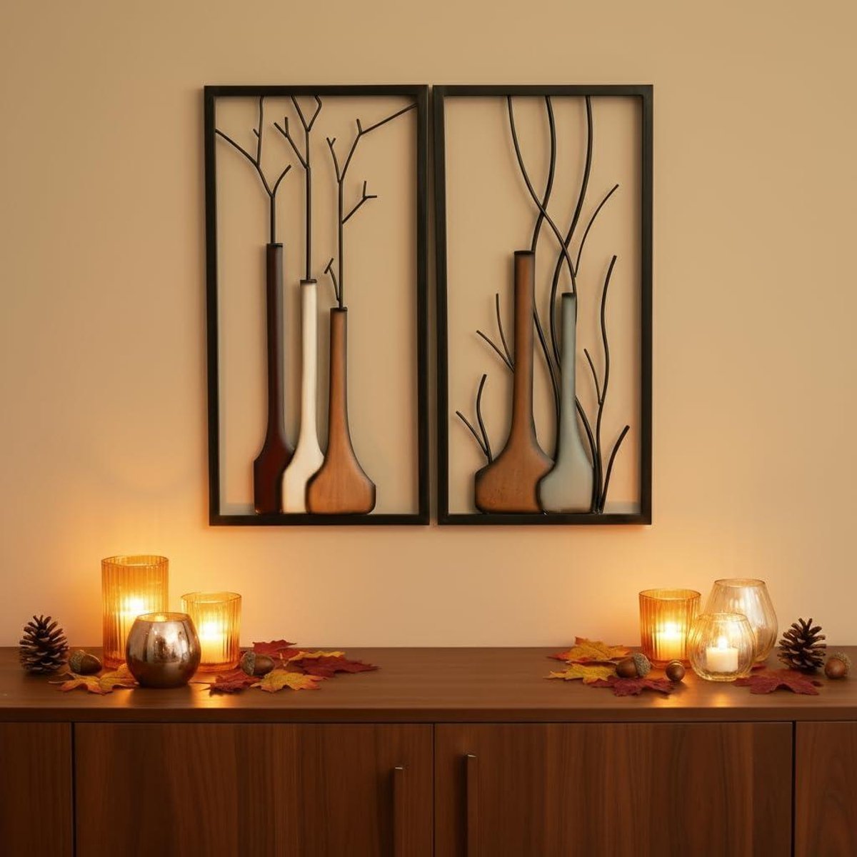 Wanddecoratie Vaas Set - Metalen Platen - Woonkamer Aankleden - Handgeschilderd Uniek Ontwerp - 80 cm Hoog - Bruin Beige