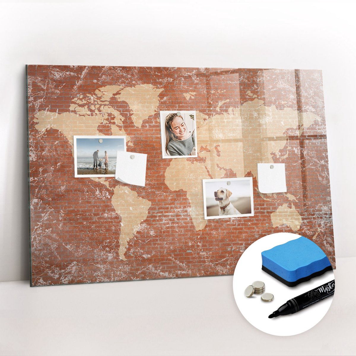Tulup Whitebord - Wereldkaart op baksteen - 90 x 60 cm - Bruin Magnetisch Bord - Gratis 5 Sterke Magneten + Whiteboard Marker & Wisser - Scandinavisch Design Bord - Memobord Keuken - Organiseer Je Bureau