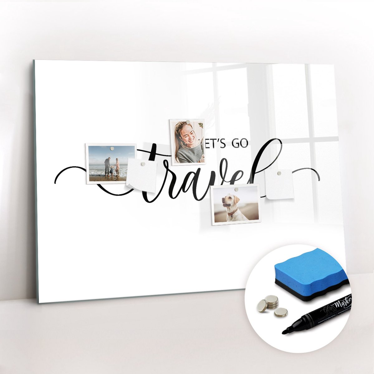 Tulup Whitebord - De inscriptie reist - 100 x 70 cm - Zwart-wit Magnetisch Bord - Gratis 5 Sterke Magneten + Whiteboard Marker & Wisser - Design Memobord - Magneetbord Muur - Ideeënbord Thuiswerkplek