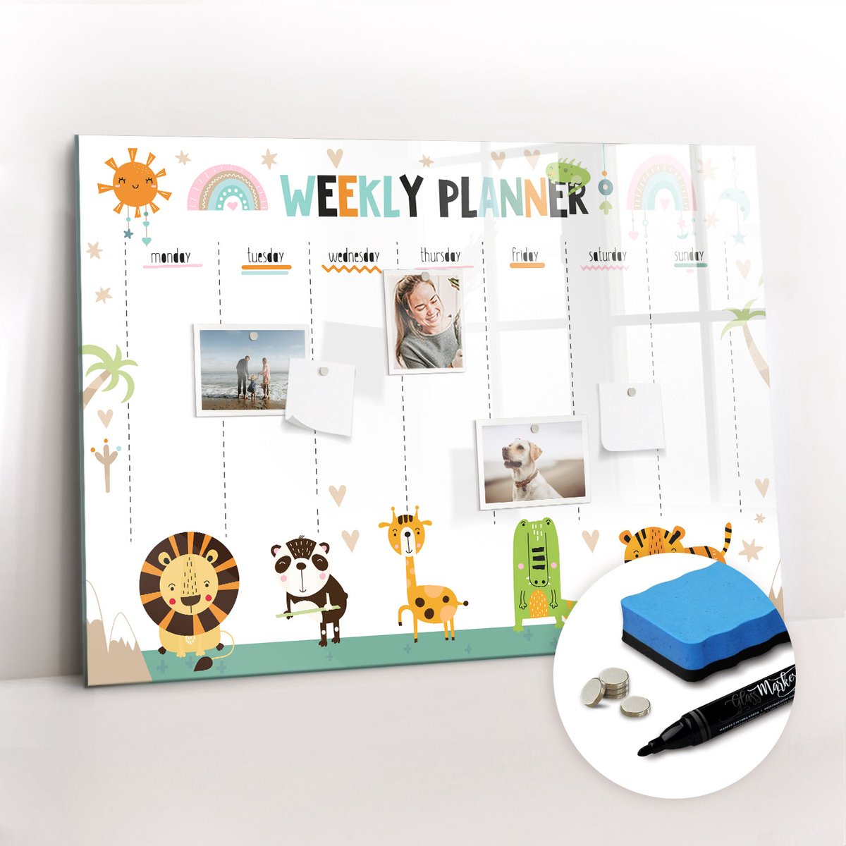 Tulup Whitebord - Dierenweekplanner - 100 x 70 cm - Veelkleurig Memobord Magnetisch - Gratis 5 Sterke Magneten + Whiteboard Marker & Wisser - Decoratief Magnetisch Bord - Memobord Keuken - Inspiratiebord Kantoor