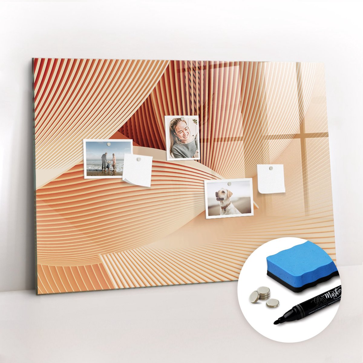 Tulup Whitebord - Abstract golvenpatroon - 100 x 70 cm - Oranje Memobord Glas - Gratis 5 Sterke Magneten + Whiteboard Marker & Wisser - Minimalistisch Prikbord - Foto Magneetbord - Organiseer Je Bureau