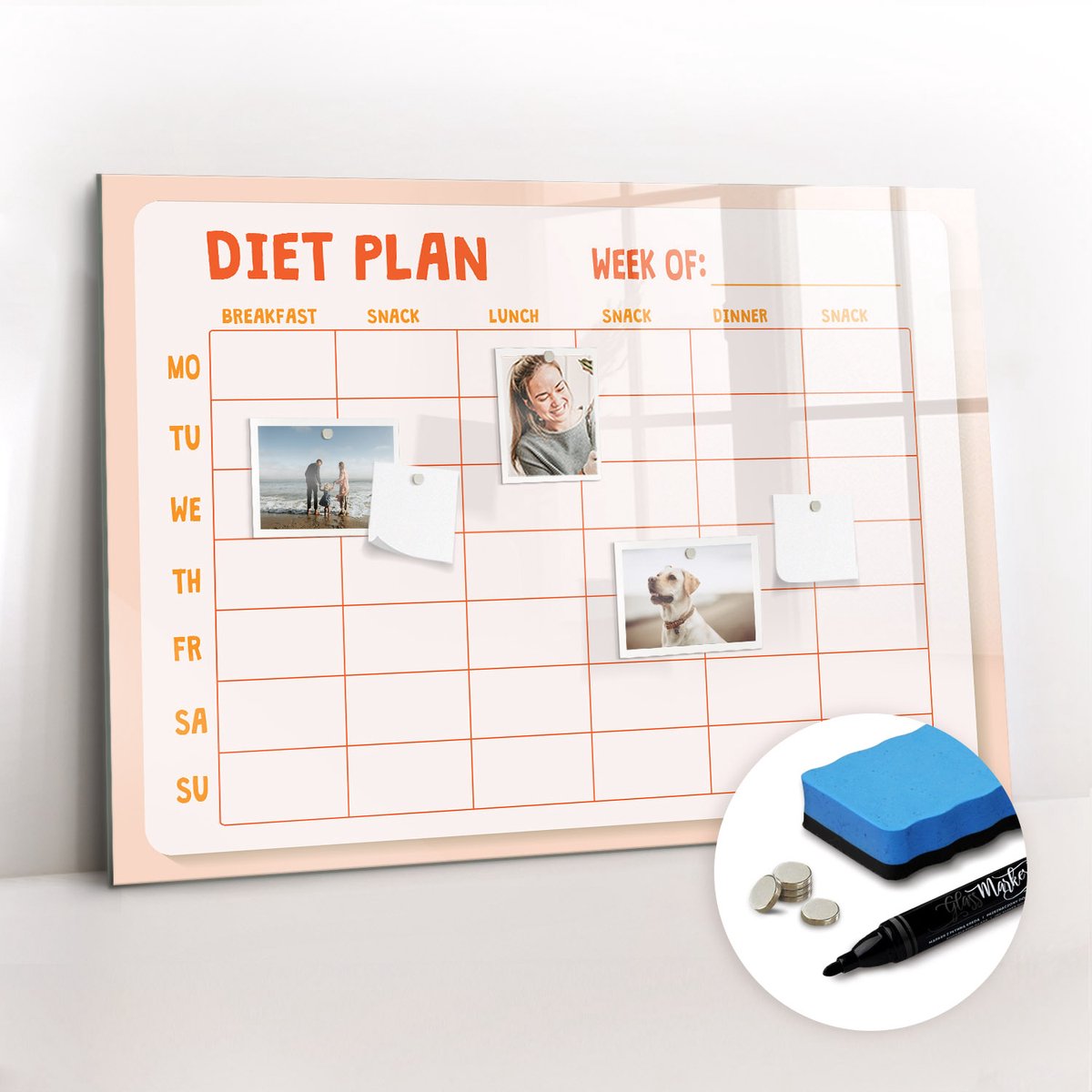 Tulup Whitebord - Wekelijkse maaltijdplanner voor het gezin - 100 x 70 cm - Oranje Magneetbord Foto - Gratis 5 Sterke Magneten + Whiteboard Marker & Wisser - Stylish Memo Board - Magnetisch Bord Kind - Organiseer Je Bureau