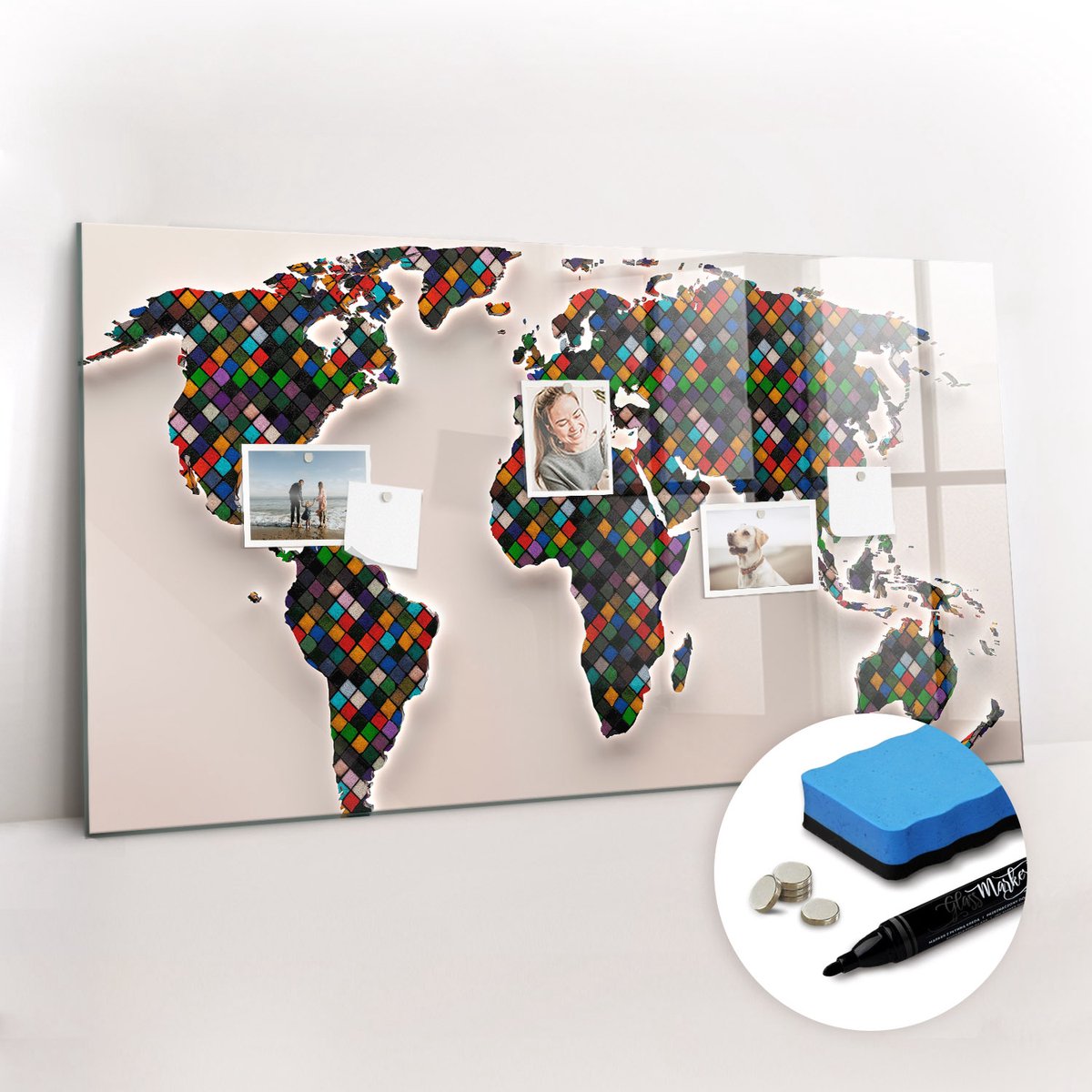 Tulup Whitebord - Moderne wereldkaart - 120 x 60 cm - Veelkleurig Magnetisch Wandbord - Gratis 5 Sterke Magneten + Whiteboard Marker & Wisser - Stylish Memo Board - Magnetisch Memobord - Notitiebord Werkplek