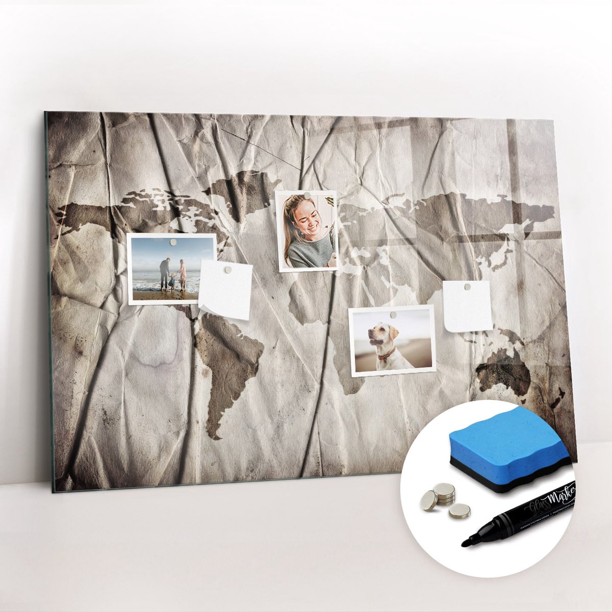 Tulup Whitebord - Wereldkaartpatroon - 90 x 60 cm - Grijs Magnetic Board - Gratis 5 Sterke Magneten + Whiteboard Marker & Wisser - Interieur Accessoires Kantoor - Magnet Board - Inspiratiebord Kantoor