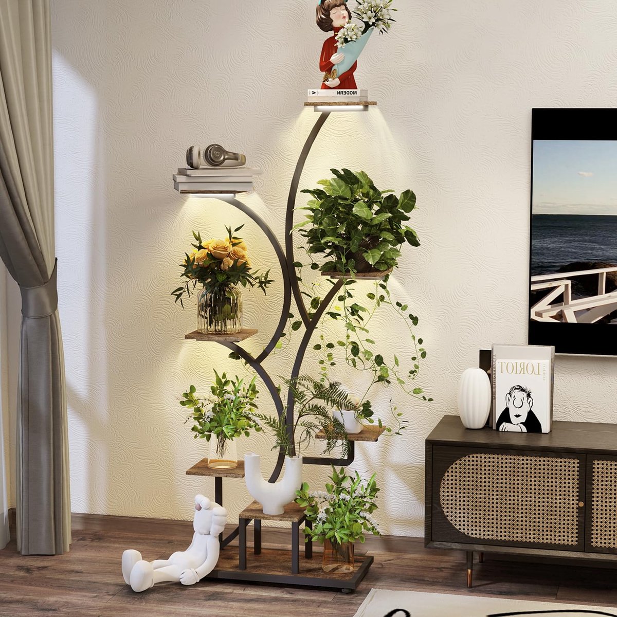 Plantenstandaard voor binnen met groeilicht, 8 verdiepingen, bloemenstandaard, metalen plantenrek, indoor planten, meerdere metalen plantenhouder, hoog plantenrek voor thuis