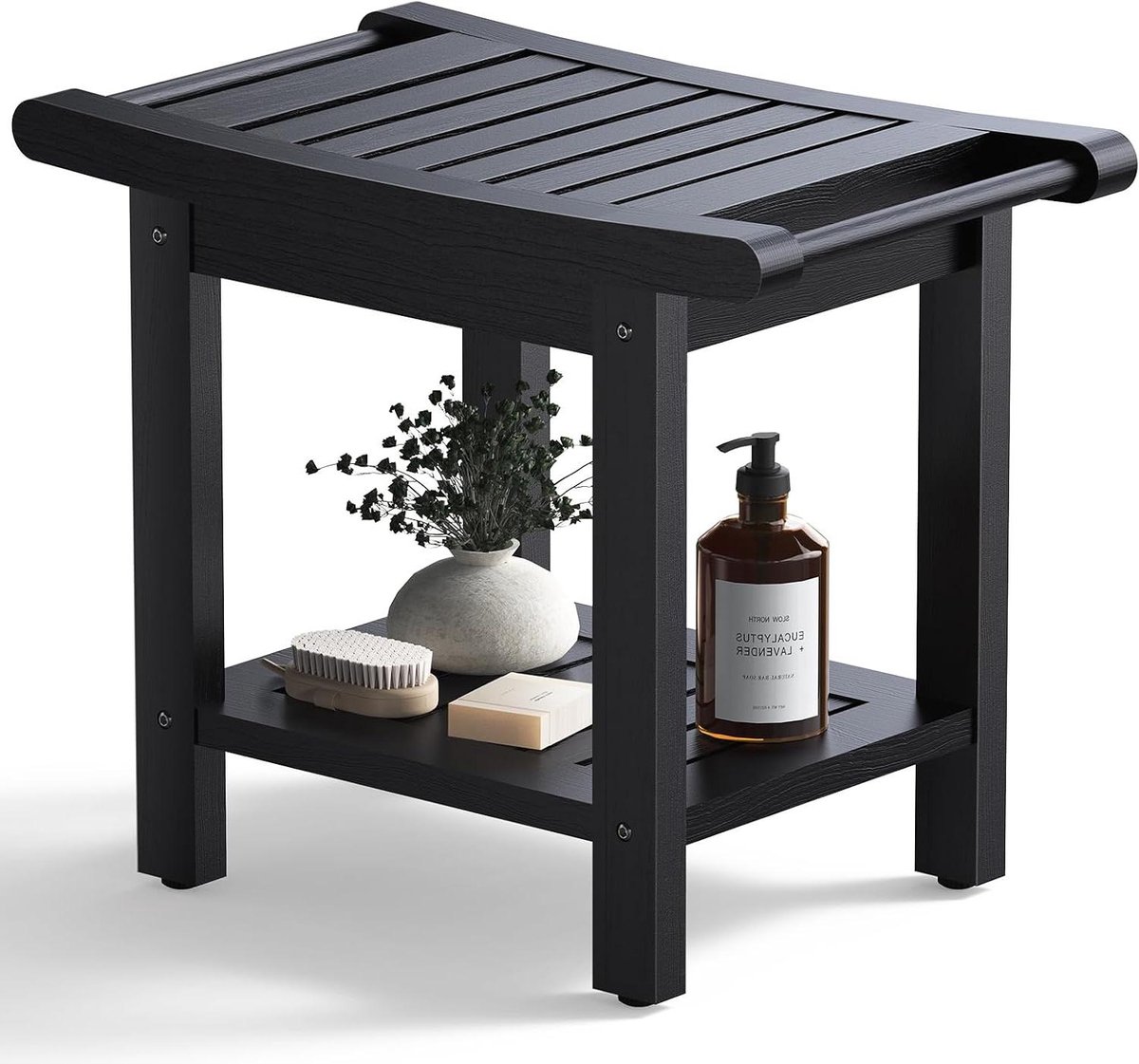 Douchekruk met Handgrepen - Badkamerstoel Zitje - Veilig Douchen - Waterbestendig Polywood - 58 x 34 x 47 cm - Zwart