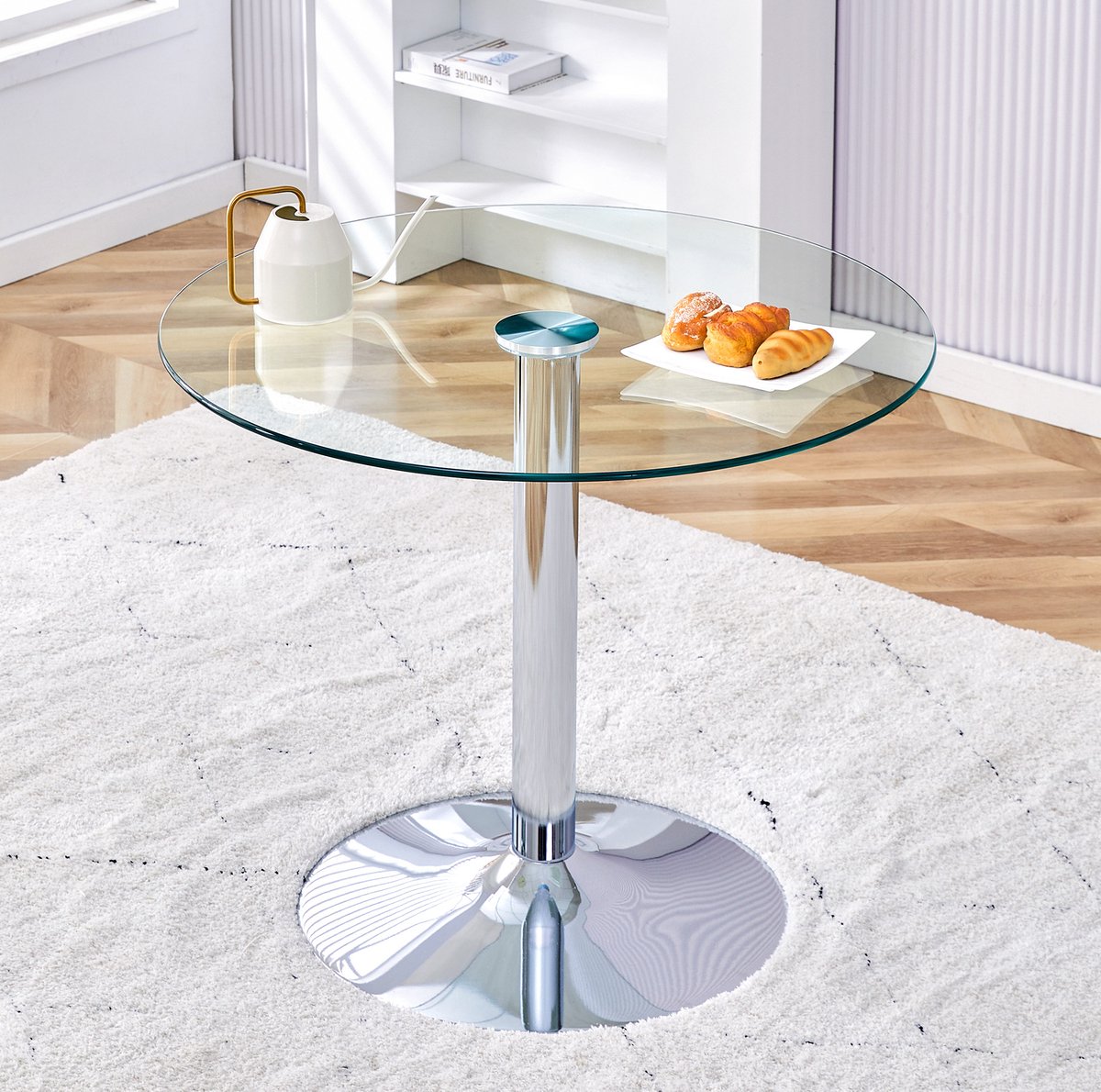 MIVRAY Eettafel - Ronde Glazen Tafel Met Stabiele Metalen Voet - Modern Voor Eethoek En Café - Glas En Metaal - Zilver - 85x85x76 Cm