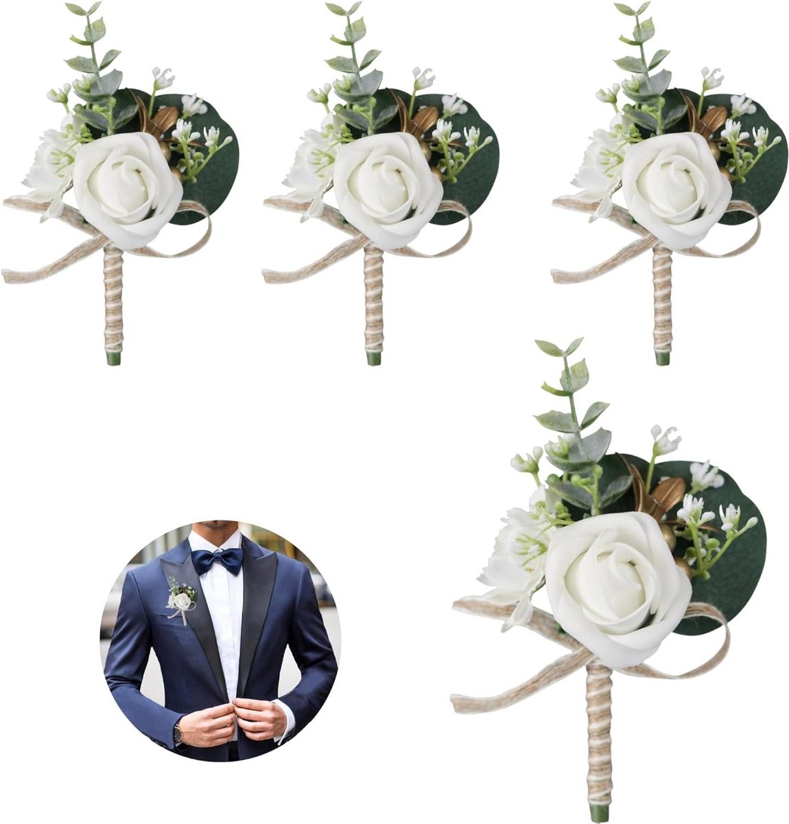 Kunst rozen corsage - Boutonniere set - Bruiloft decoratie - Met pin en clip - 14 cm - Wit