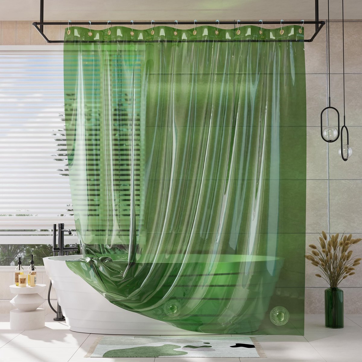 Douchegordijnvoering voor de zomer, 100% EVA-transparant, groen, zwaar belastbaar luxe douchegordijn en voering, 2-in-1, 183 x 183 cm kunststof verzwaarde douchevoering, 12 roestvrije