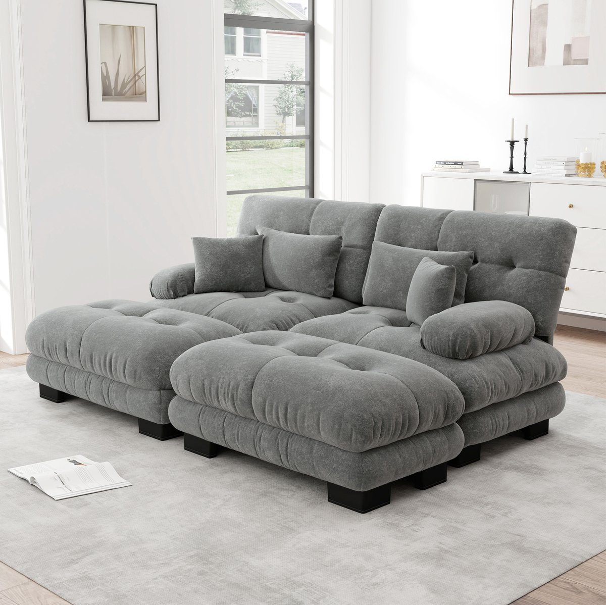 FloraGrace Hoekbank 220 x 145 cm - Modulair Met 2 Ottomans, 2 Lendenkussens En 2 Sierkussens - Voor Woonkamer - Chenille - Grijs