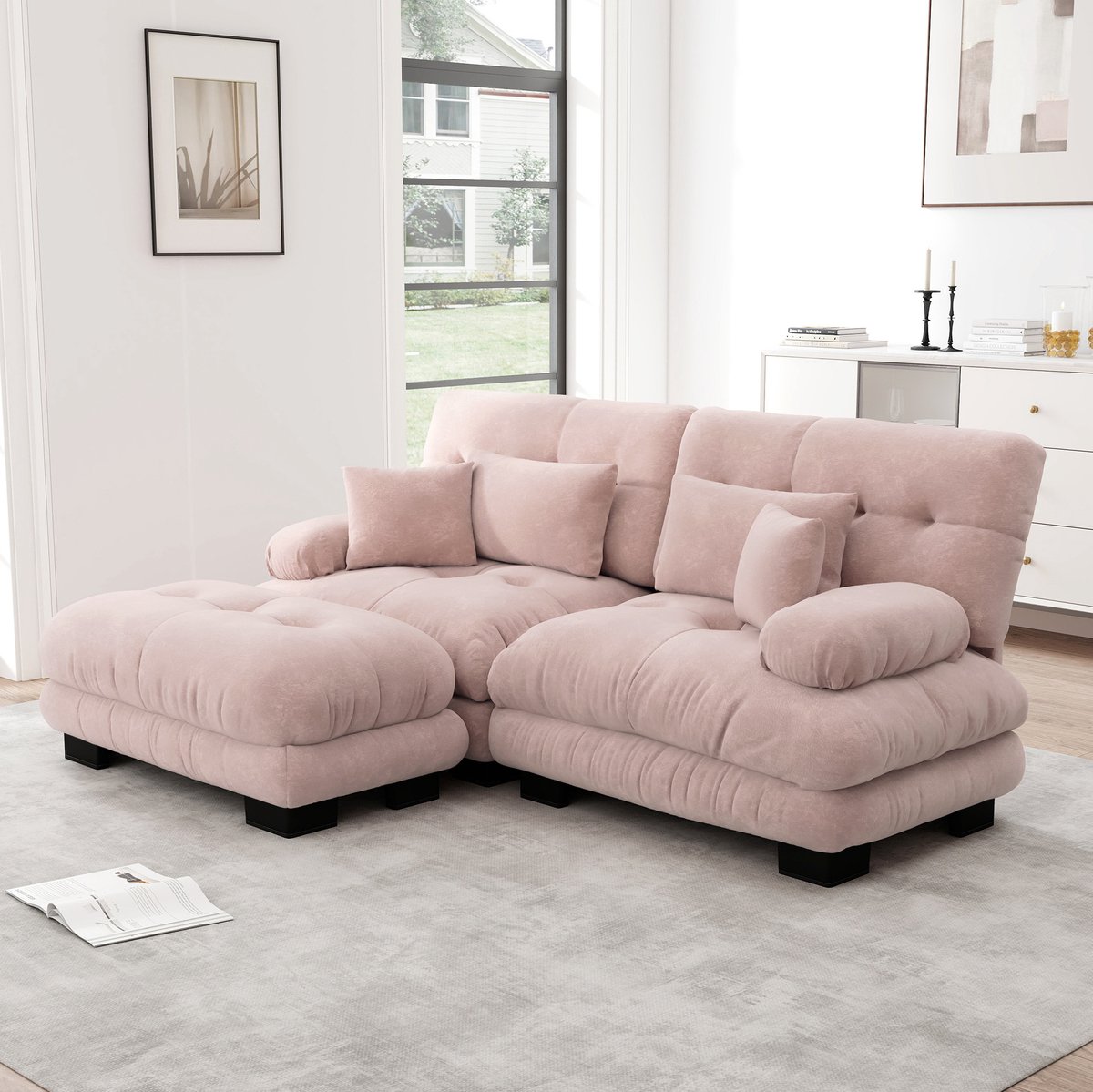 FloraGrace Hoekbank 220 x 145 cm - Modulair Cloud Sofa Met Verplaatsbare Ottoman En Brede Armleuningen - Chenille - Roze
