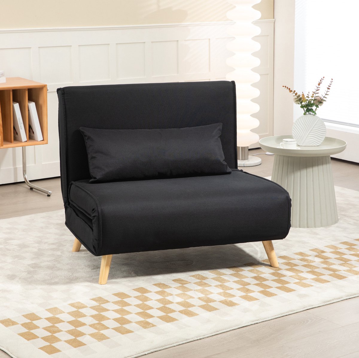 HAUSS SPOLE Fauteuil - 2-in-1 Slaapfauteuil - Verstelbare Rugleuning Met Kussen - Voor Woonkamer En Logeerkamer - Stof Zwart