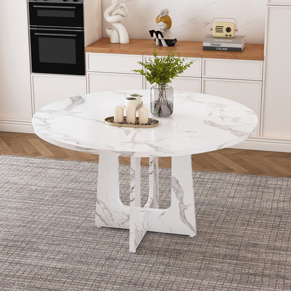 KOMHTOM Eettafel - Rond 120 cm Diameter - Wit Marmer Imitatie MDF - 4 Personen - Modern Design Keukentafel - Eetkamertafel Woonkamer