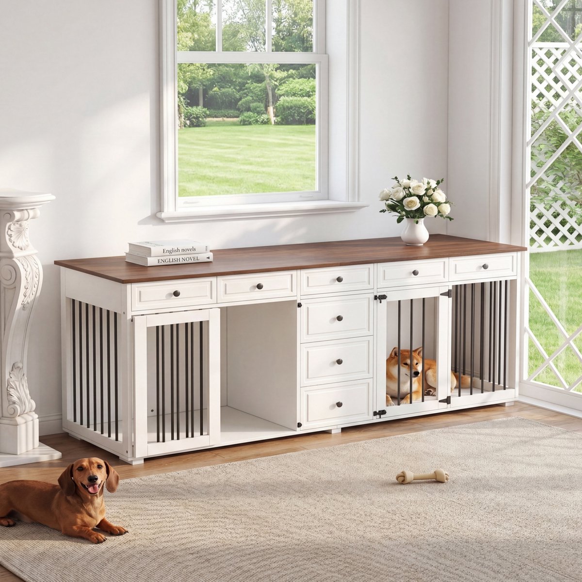 PHOEBE CAT Hondenbench - TV kast - 8 lades - Met slot - Geschikt voor 2 kleine/middelgrote honden - 200 x 60 x 85 cm - Walnoothout + Wit