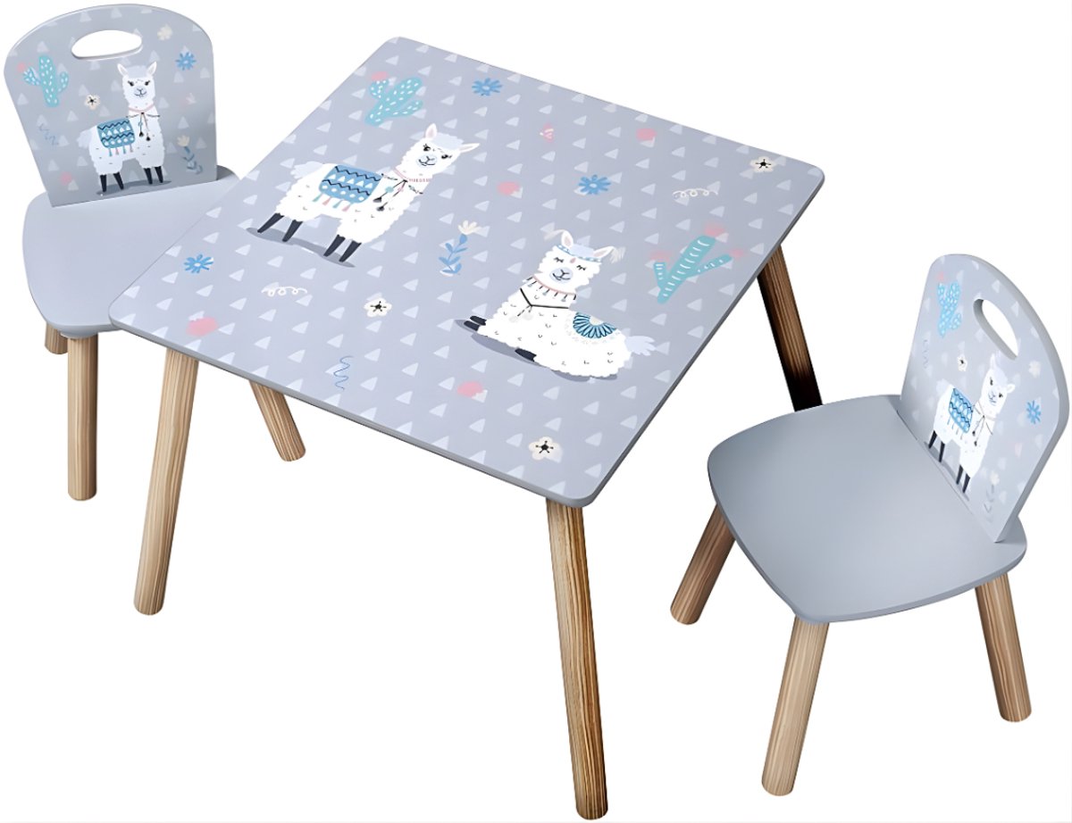 Ploutos® Kinderbureau - Kindertafel Met 2 Stoelen - Materiaal Vezelplaat- Grijs - ‎55cm x 55cm x 45cm