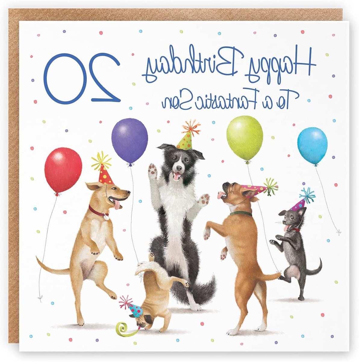 Verjaardagskaart Zoon - Wenskaart Heren - Verjaardag Vieren - Dansende Honden Design - 148 x 148 mm - Bruin