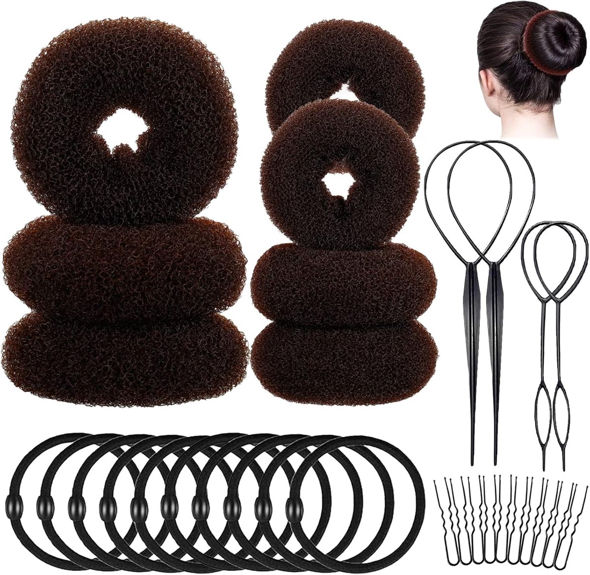 31-delige donut haarknotmakerset, haarstyling, kapselhulp, haarbroodjes, vlechthulp, knotkussen, kleine haarknotvormer voor kinderen, meisjes en vrouwen