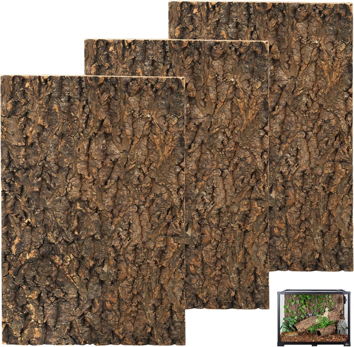3 stuks kurkrindachterwand voor terrarium, 30 x 20 cm, natuurlijke boomschors-look, terrarium, achterwand decoratie, klimoppervlak voor reptielen zoals gecko, bartagame, schildpad en slang