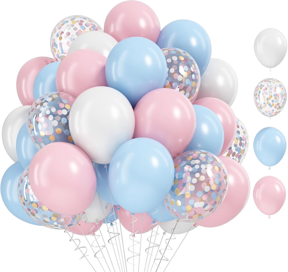 Ballonnen, roze, blauw, wit, 60 stuks, roze, wit, heliumballonnen, 30,5 cm, blauw, roze, wit, latexballonnen, metallic blauwe ballonnen voor verjaardag, bruiloft, verloving, afstuderen, babyshower