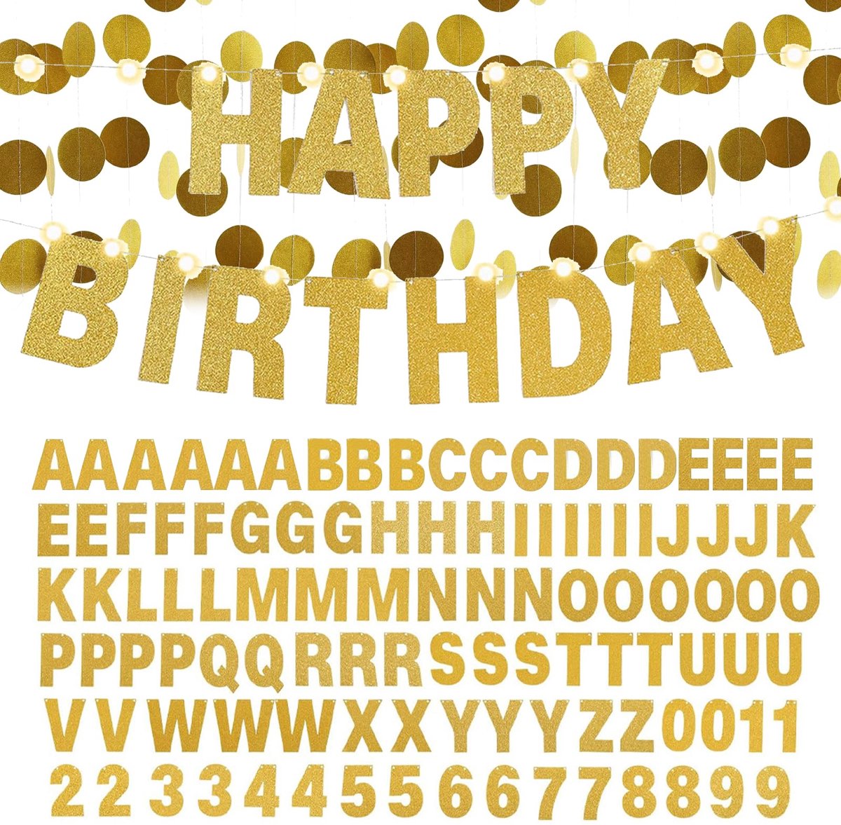 Happy Birthday-slinger, goud, letterslinger, goud, 107 lettercijfers, verjaardagsbanner voor feestdecoratie, slinger hartelijke felicitaties