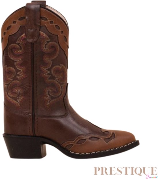 Bruine Old West kinder cowboylaars met decoratieve stiksels en contrasterende bruine inzetten.