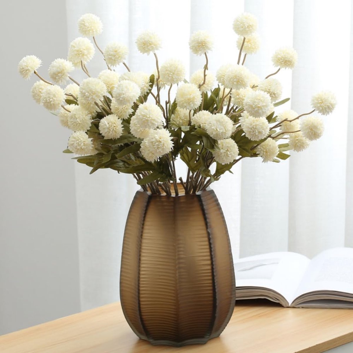 6 stuks Pompon Mum Kunstbloem, Faux Zijde Mini Chrysant met Stengels, voor DIY Boeket Centerpieces Kantoor Bruiloft Decoratie (wit)