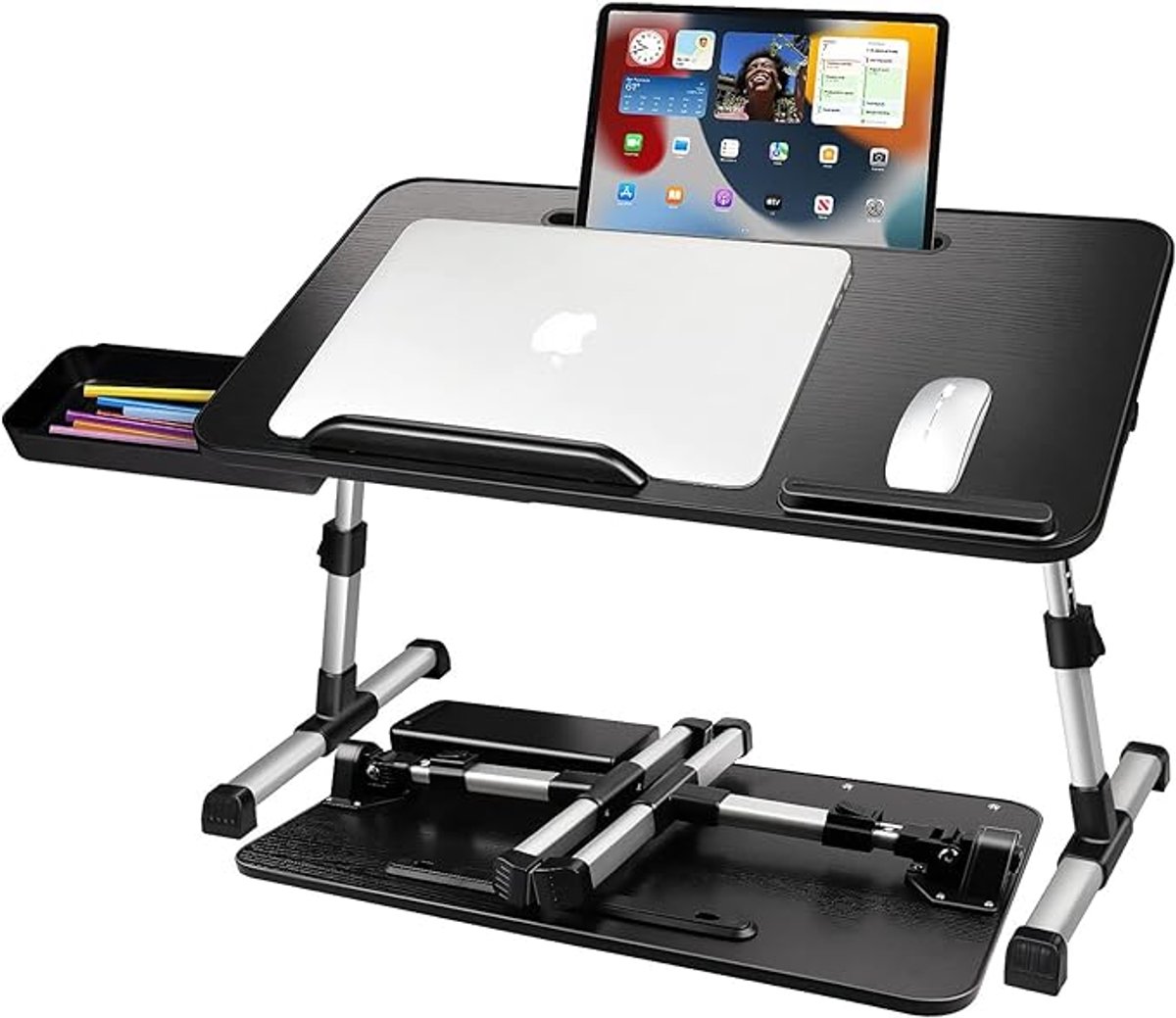 Laptoptafel voor Bed - Verstelbare en Inklapbare Bedtafel met Lade en Tablethouder - Schoottafel voor Laptop, Bank en Vloer - Zwart 53 x 30 cm