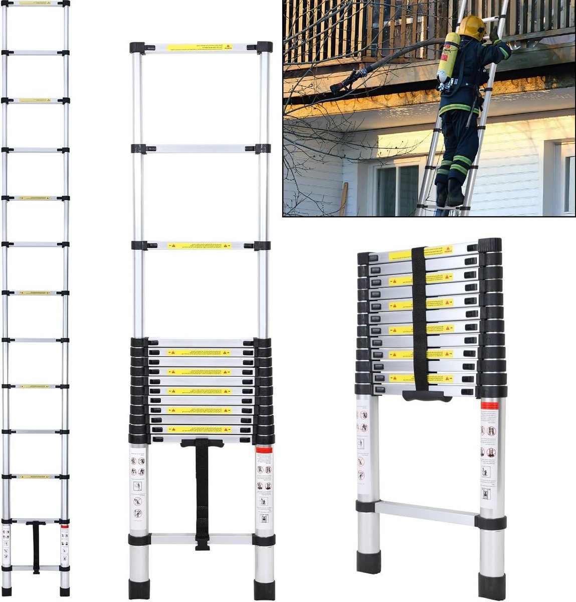 Telescopische Ladder - Uitschuifbare Ladder - Huishoudelijk Werk - Vingerklem Bescherming - 3.8 m - Aluminium