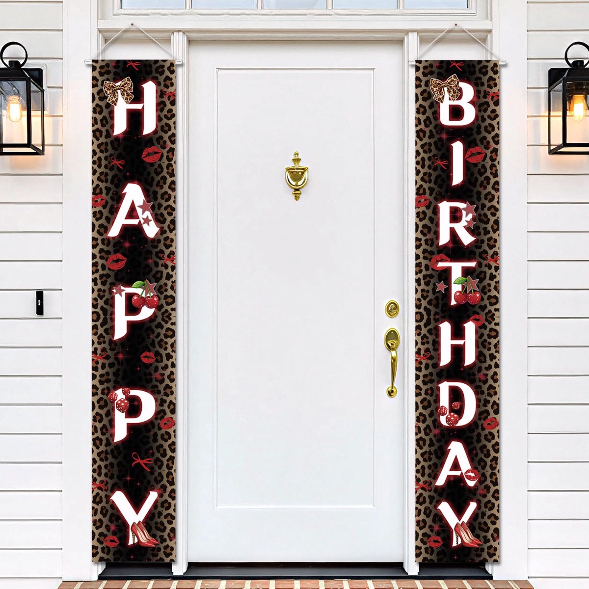 Cherry verjaardagsfeestdecoraties, rode Happy Birthday-banner met luipaardprint, deur- en muurdecoratie met safari-dieren, feestartikelen voor meisjes
