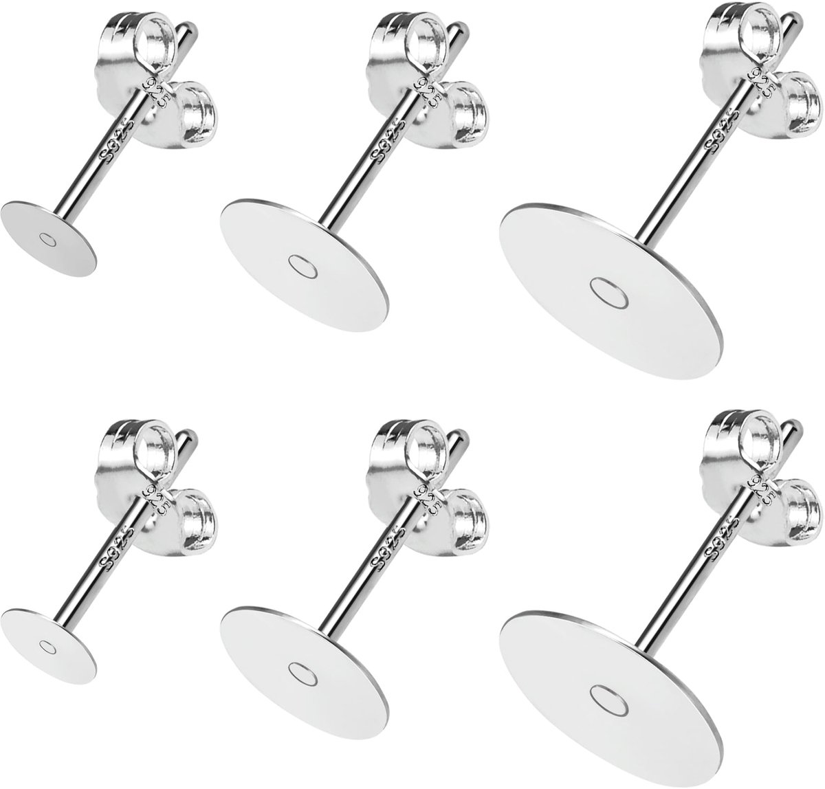 Oorstekers, 925 sterling zilver, 4/6/8 mm, hypoallergeen, platte oorstekers, met vlindersluitingen, voor het maken van sieraden, zilver