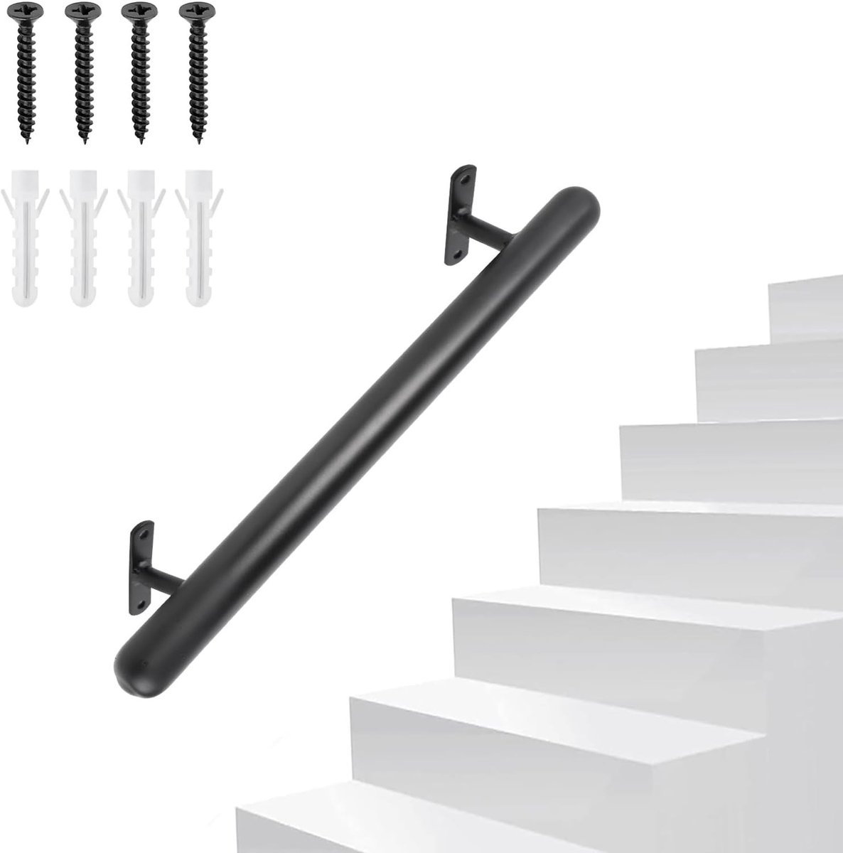 Zwarte Poedercoating Handgreep voor Trapleuning van 41 cm - Veiligheidsleuning voor Binnen en Buiten, Ideaal voor Garage, Kelder en Terras