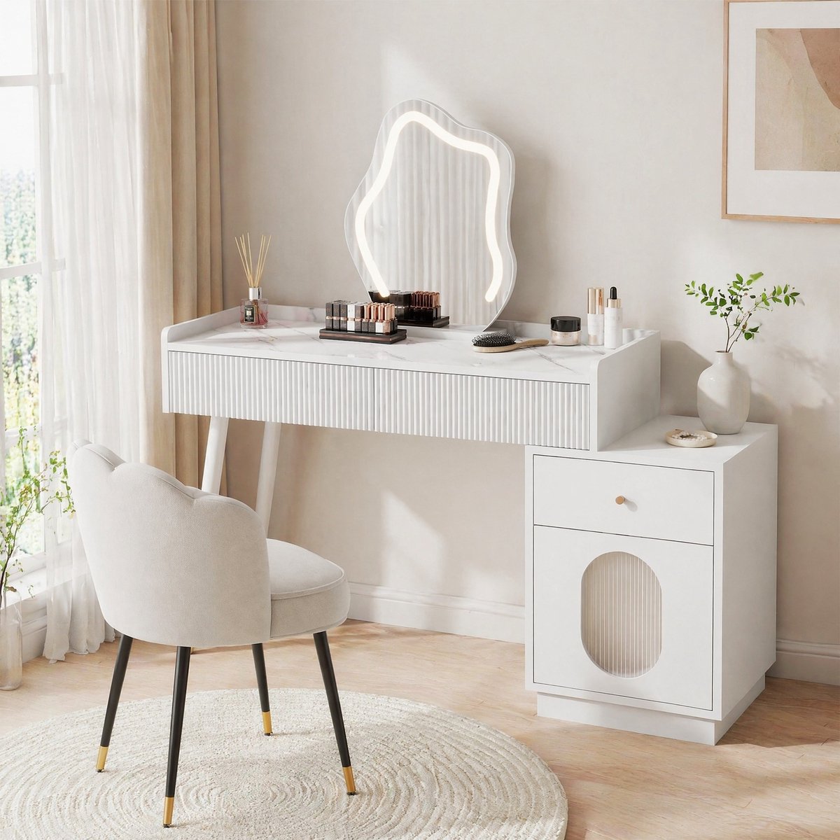 HAUSS SPOLE Kaptafel - Ledspiegel Met Verlichting En Opbergruimte - Voor Slaapkamer - Spaanplaat - 100x40x75 Cm - Wit