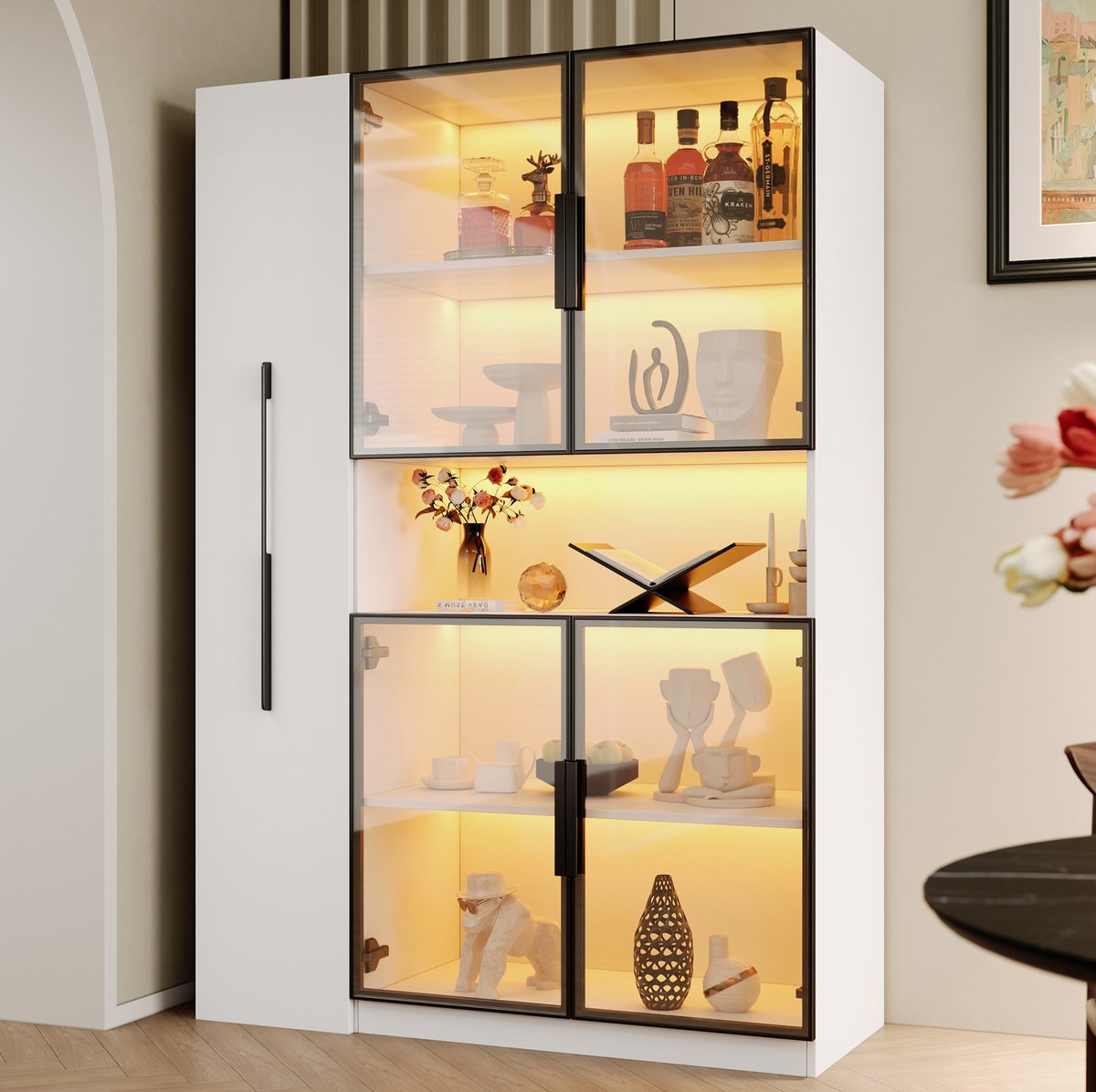 STILVORA Vitrinekast - Met Ledverlichting En Uittrekbare Opbergruimte - Voor Woonkamer Keuken En Werkkamer - MDF - 110x35x160 Cm - Wit